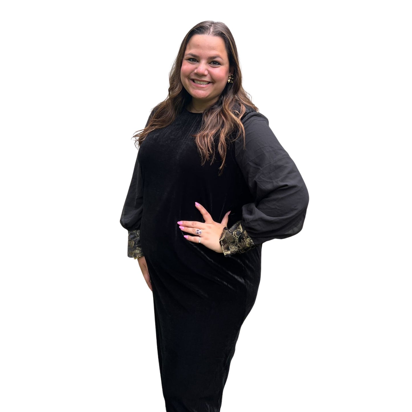 elegant plus size black velvet dress with chiffon sleeves and brocade cuffs